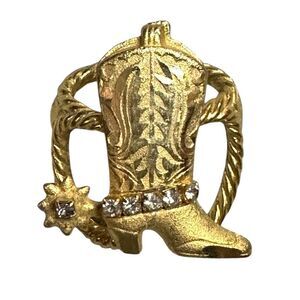 Vtg Gold Tone Rhinestone Western Cowboy Cowgirl Boot Bolo Bandera Scarf Holder